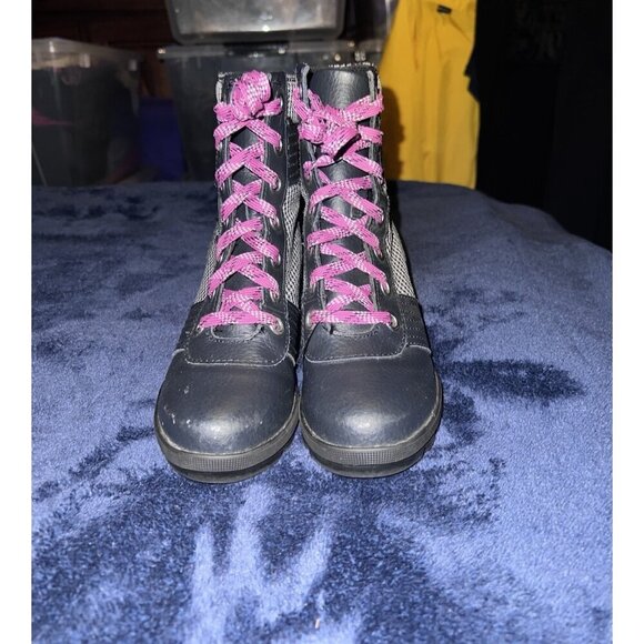 SOREL Girls Lexie Wedge Heel Boots Size 1 Black Checkered Leather Pink Laces - Picture 3 of 10